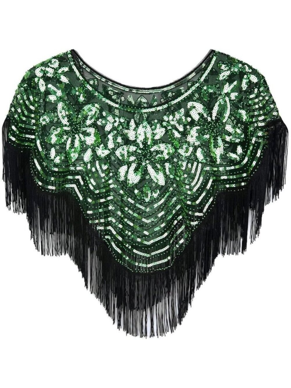 Women's Black Green 1920s Shawl Sequin Beaded Art Evening Cape Tassel Shawls